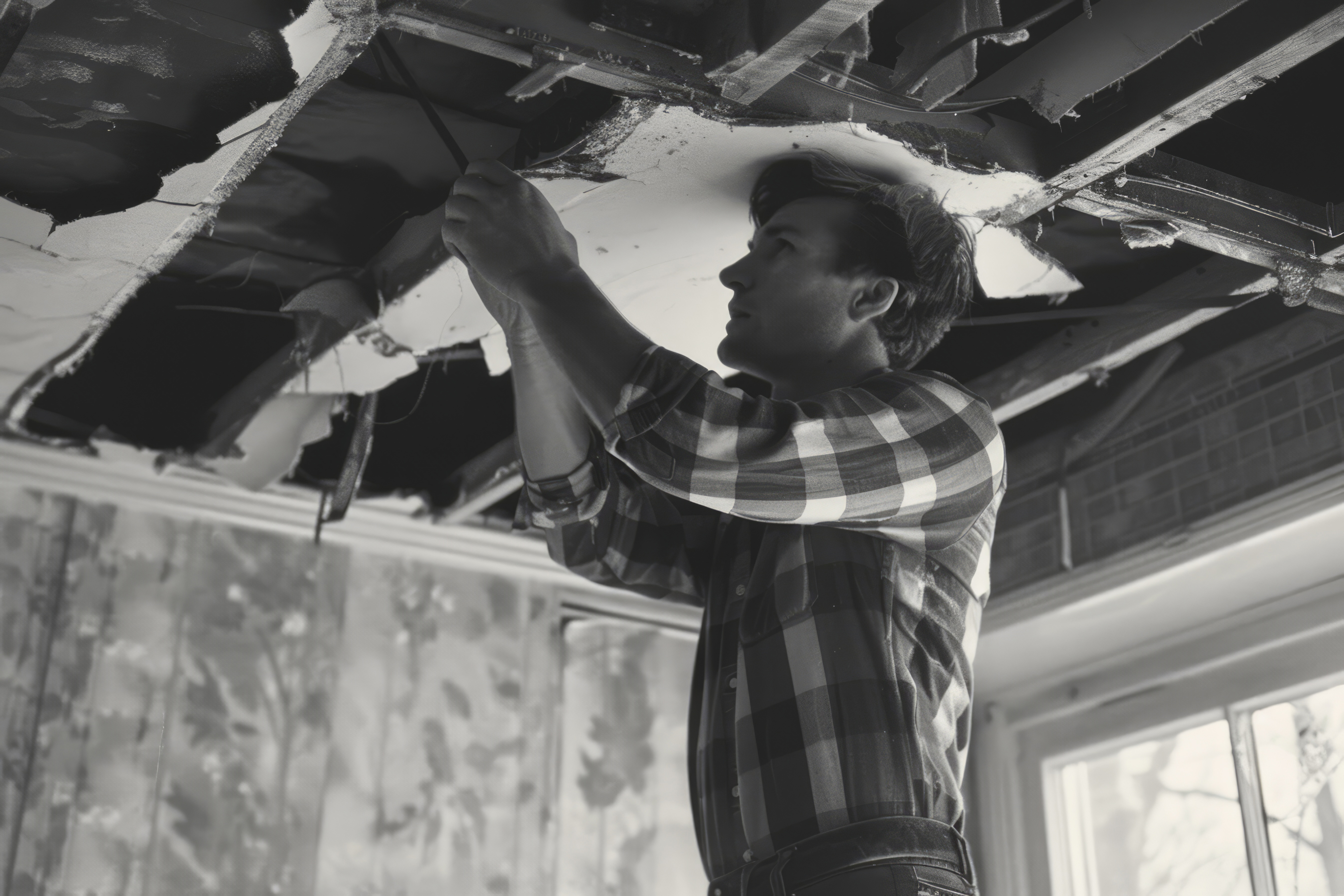 Black white vintage portrait man doing housework household